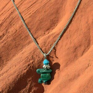 Vintage Sterling Silver Turquoise Stone Necklace Stacked Nuggets Italy Box Chain